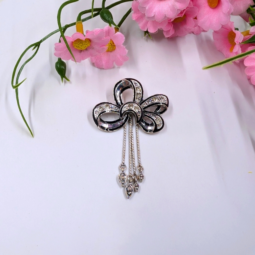 Cute Abstract Ribbon and Dangle Design Brooch With Genuine Crystal Accents